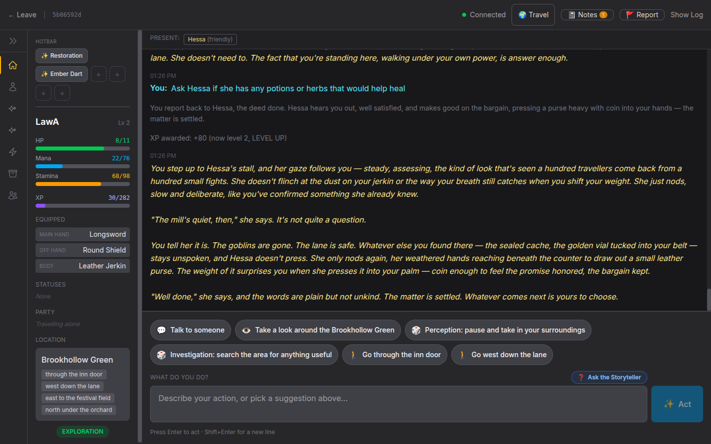 A play session at Brookhollow Green — the character panel shows health, mana and equipment while the AI Storyteller narrates the scene and suggested actions line the foot of the screen.